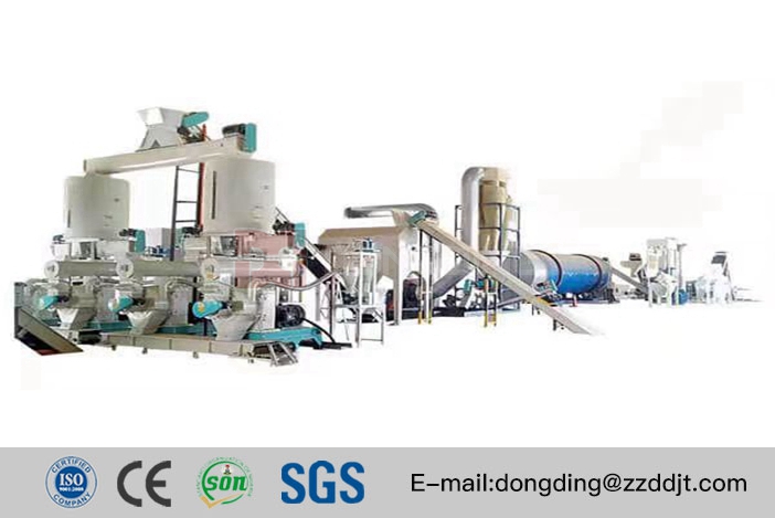 The biomass pellet production line including the process of crushing, drying, de-ashing and high-pressure molding, After being processed, the biomass pellet could approach the moisture of 8 to 10%, the combustion heat of 4000-4800 kilo calories per kilo gram, and ash content of 1% or less. The biomass production line can also process the alfalfa to make feed pellet.